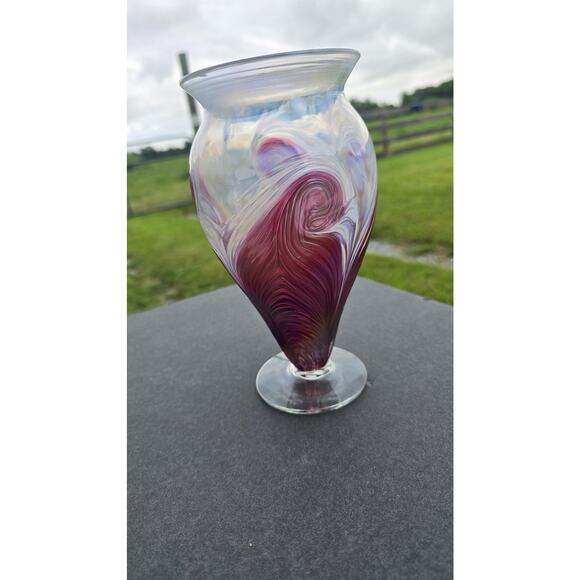 Ron Hinkle Art Glass Vase 2006 Iridescent Swirl Pedestal Signed Handmade Decor - Picture 4 of 12